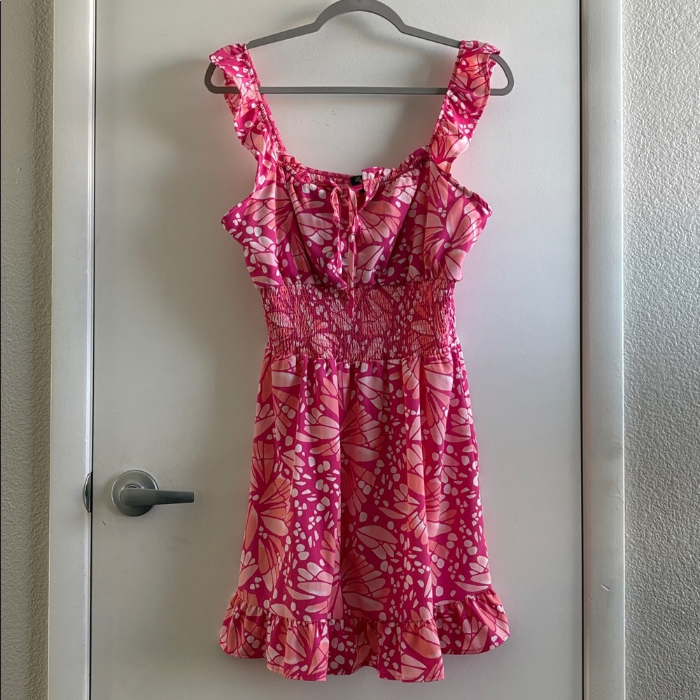 Lily Rose Pink and White Scoop Tie Band Waisted Ruffled Bottom Floral Dress SZ M